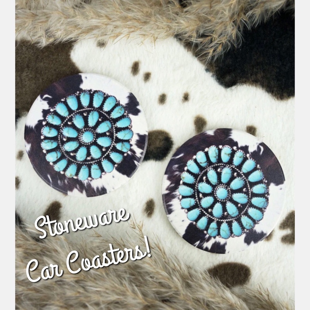 NEW Two Piece Concho Stoneware Southwestern Car Coaster Set